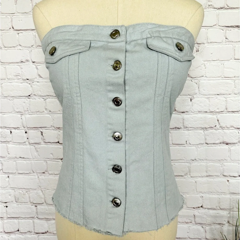 ZARA Top Strapless Silver Blue Denim Corset Style Tube Top—NWT—XXL - Picture 1 of 16